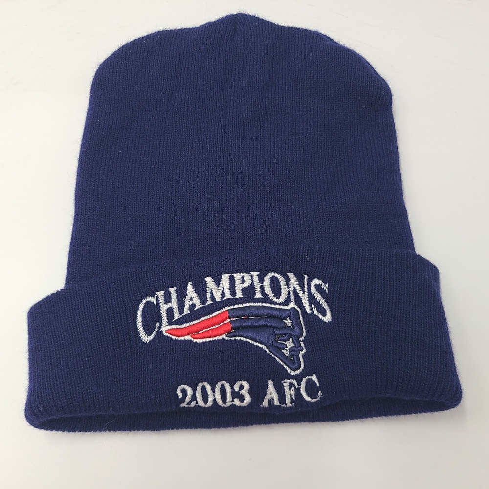 Vintage New England Patriots Hat Beanie Blue NFL 2003 AFC Champions Winter Knit